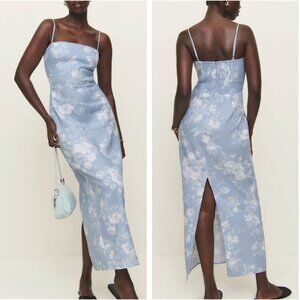 Reformation Frankie Linen Midi Dress Sz6 Patience Blue White Floral Spring